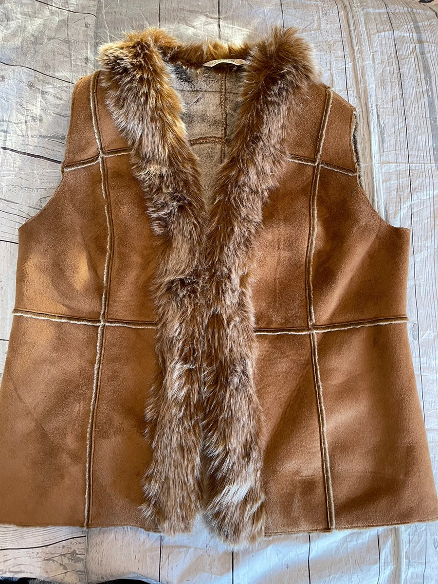 Orvis Womens Med Plush Faux Suede Vest Faux Shearling Fur Waistcoat Brown