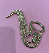 Large Statement Pin Brooch Instrument Saxophone Musician Gold Tone