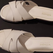 Land's End Womens Flats Sandals Natural Canvas Black Leather Sz 9.5M Slides