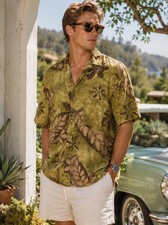 Hugo Boss Men's Green Floral Button Front Shirt XL 100 Viscose Casual Aloha