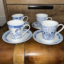 Cafe Pavillion Espresso Cups and Saucer Set x 4 BNIB White with Blue Print