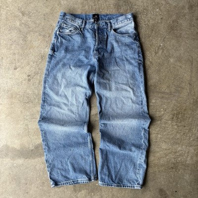 H&M Men's Blue Straight Loose Fit Cotton Denim Jeans Button Fly 5-Pocket