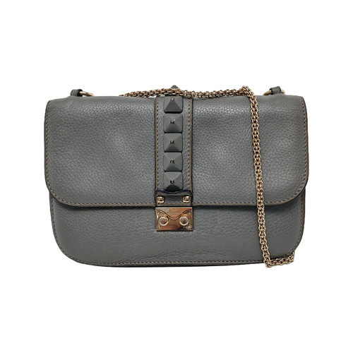 Auth VALENTINO GARAVANI Glam Lock Grey Rockstud Medium Leather Chain Shoulder