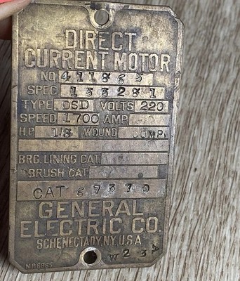 Vintage General Electric Brass Direct Current Motor ID Name Plate Plaque 2.5X1.5