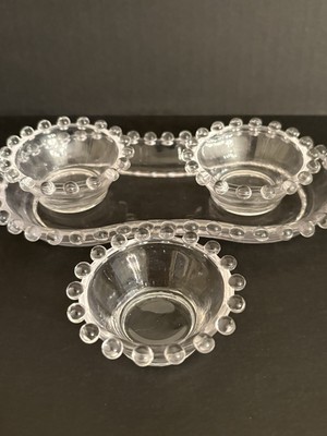 Vtg Imperial Glass Crystal Candlewick Cream & Sugar Tray~7'' With 3 Salt Cellars