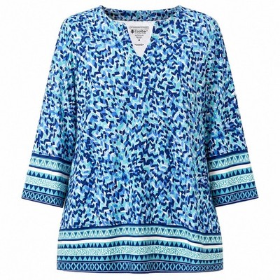 Coolibar St Lucia Tunic Top Blue Geometric UPF 50+ Bamboo Blend Size Medium
