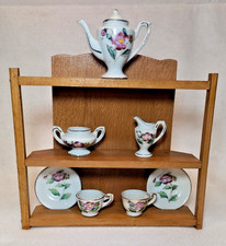 Vintage Miniature Tea Set Porcelain 8 pcs Purple Flower w/ Shelf, Occupied Japan
