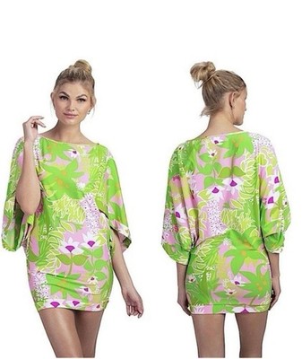 Trina Turk Dress Tunic Pink Lime Green Floral Split Kimono Sleeve Small Resort