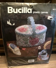 1990 Bucilla Plastic Canvas Kit #6073 ROSE SEWING BASKET 8.5" NEW SEALED