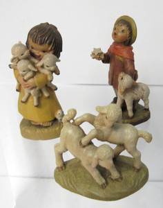 ANRI Wood Carved Shepherd Children Lambs -3 Juan Ferrandiz Figures Made in Italy