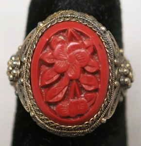 Chinese Carved Cinnabar Ring