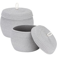 Round Cotton Rope Storage Basket with Lid, Decorative Woven Storage Bin, Pot,...