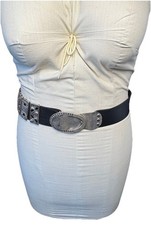 Chico's Womens Small Silver Tone Rhinestone Embellished Wide Leather Belt Black