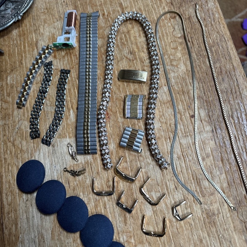 Junk Drawer Broken Costume Jewelry, Watch Parts & a few Big Blue Material Button