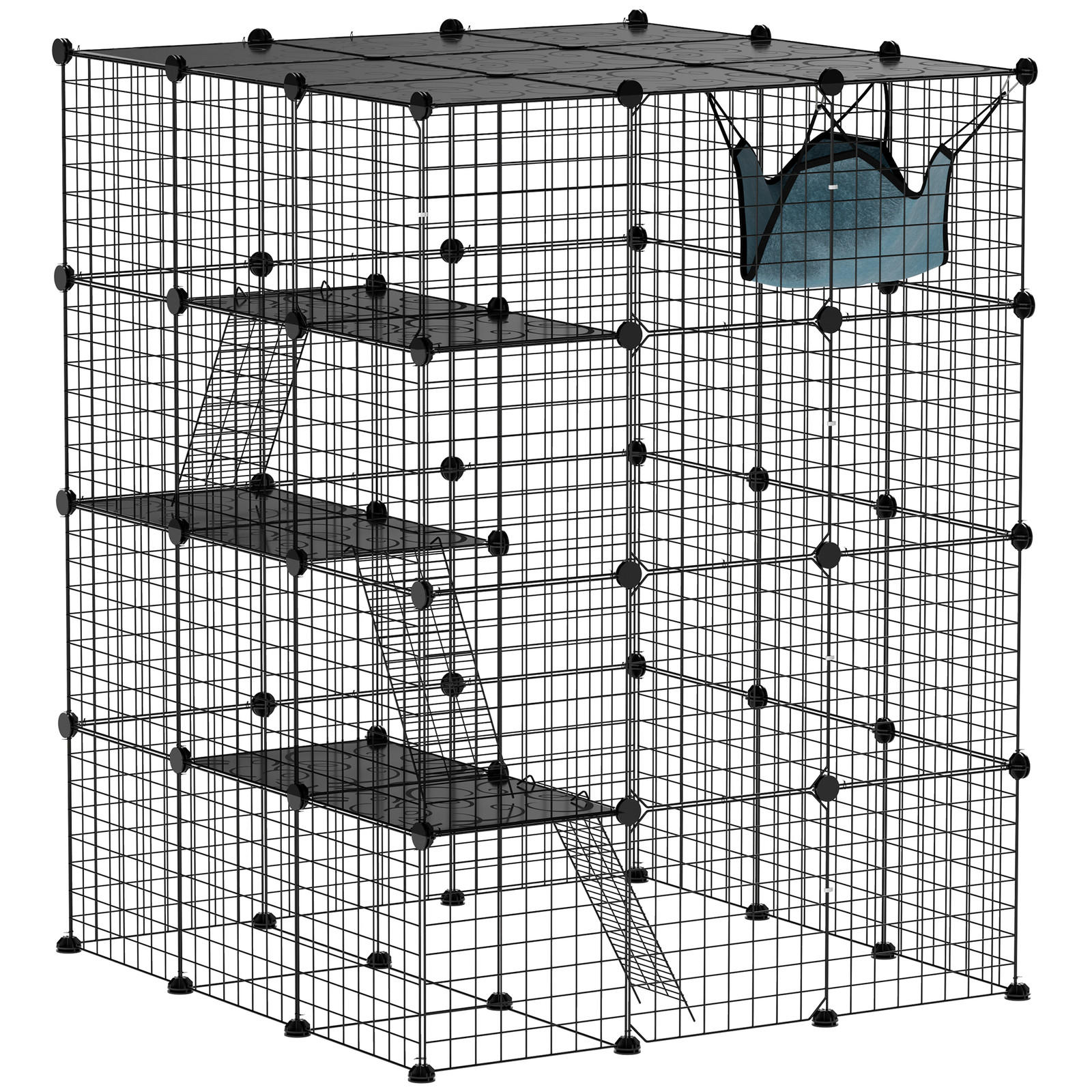 PawHut Gabbia per Gatti Modulabile a 4 Livelli e 5 Porte in Acciaio e PP Nero
