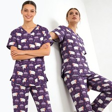 Printed Medical Nursing Uniform Men Women Scrub Set V-Neck Straight Drawstring