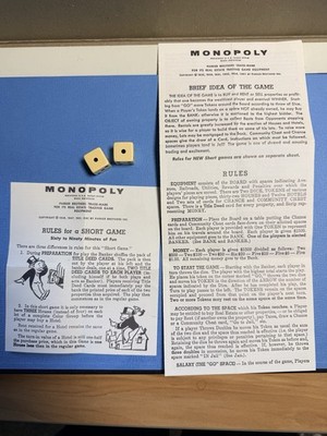 Vintage 1961 Monopoly Game Cream Colored Dice With Game Rules Long & Short