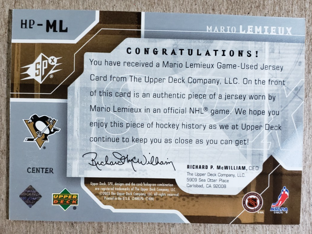 2003-04 SPx Hall Pass Mario Lemieux Game Used Jersey /75