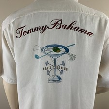 TOMMY BAHAMA Men's Basic Training Cocktail Embroidered Silk Hawaiian Shirt Sz L