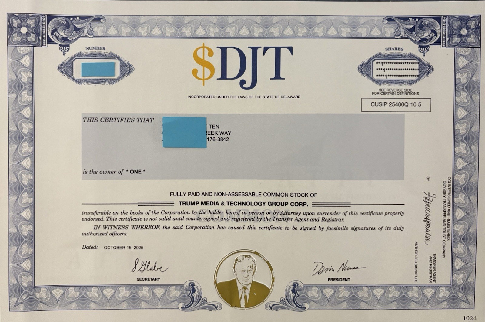 Trump Media Stock Certificate $DJT-Donald Trump- Owns Truth Social