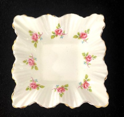 Adderley England Bone China Square Trinket Dish With Pink Roses & Gold Trim 4''L