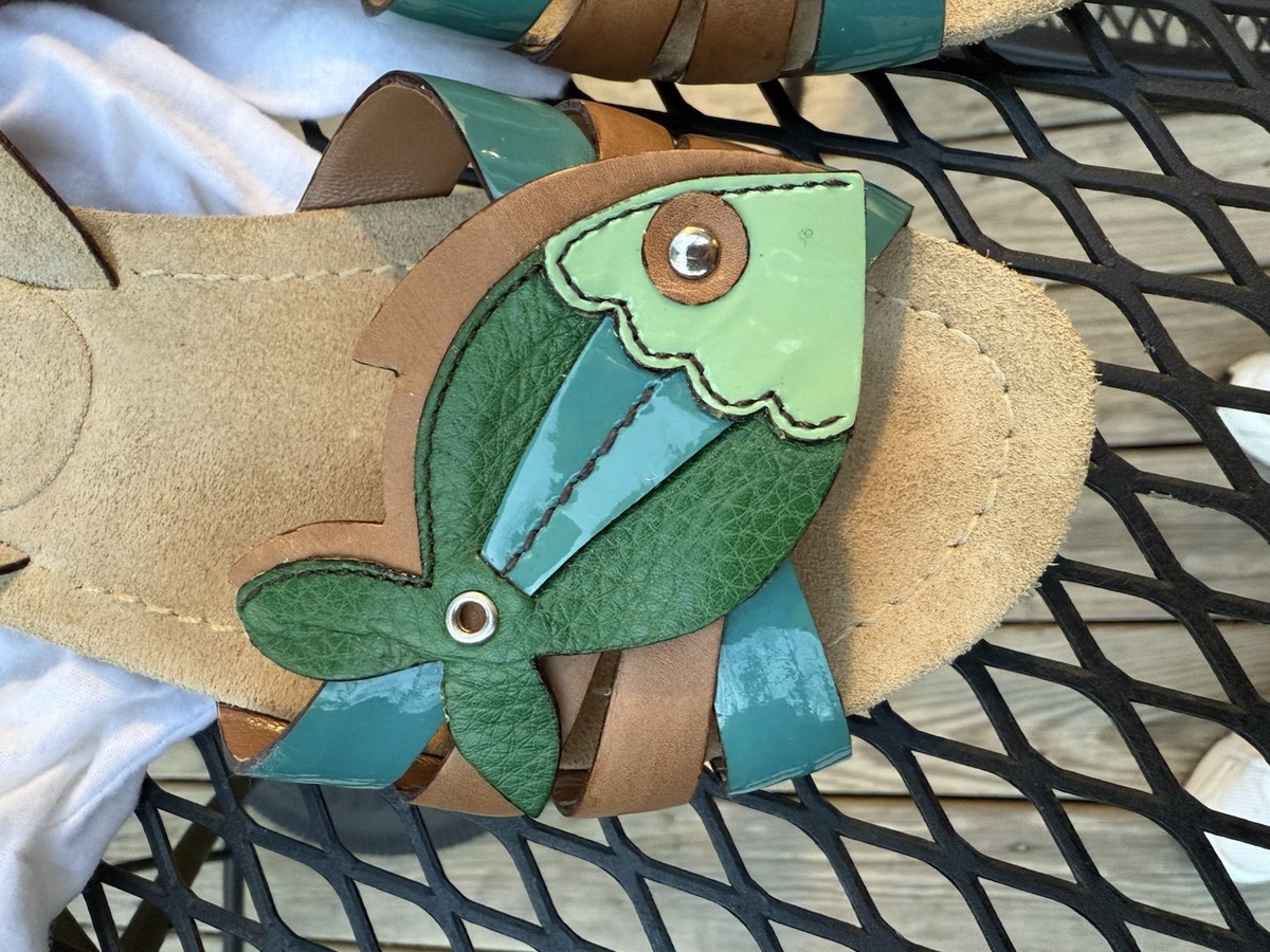 PRADA Brown Green Leather FISH Calf Sea Flat 36 Sandals Shoes Box