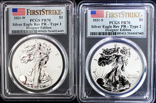 2021 SW $1 AMERICAN SILVER EAGLES REVERSE TYPES 1 & 2 PCGS REVERSE PROOF PR70 FS