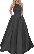 Women's Halter A-line Beaded Satin Evening Prom Dress Long Formal Gown Pockets