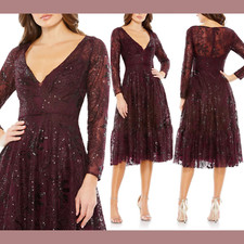 NEW Mac Duggal 16 68001 Lace Embellished Long Sleeve Ruffle Dress Wine J650