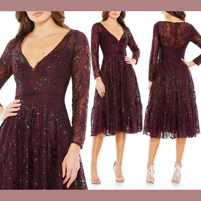 lace ruffle sleeve maxi dress in wine NEW Mac Duggal [ 16 ] 68001 Lace Embellished Long Sleeve Ruffle Dress Wine  #J650