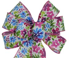 Small 5-6" Hand Made Wired Wreath Bow - Spring Floral; Pink Blue Green Flower