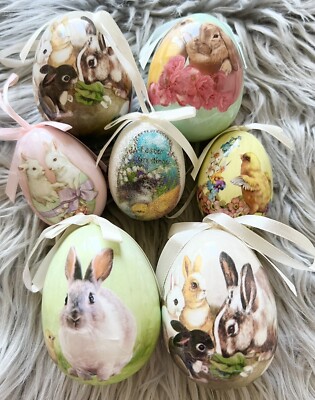 BRAND NEW SET OF 7 PC PASTEL EASTER EGGS BUNNY HANGING ORNAMENTS 3''