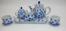 Miniature 10 Pc. Chinese Tea Set Ceramic Blue Floral on WhiteBackground