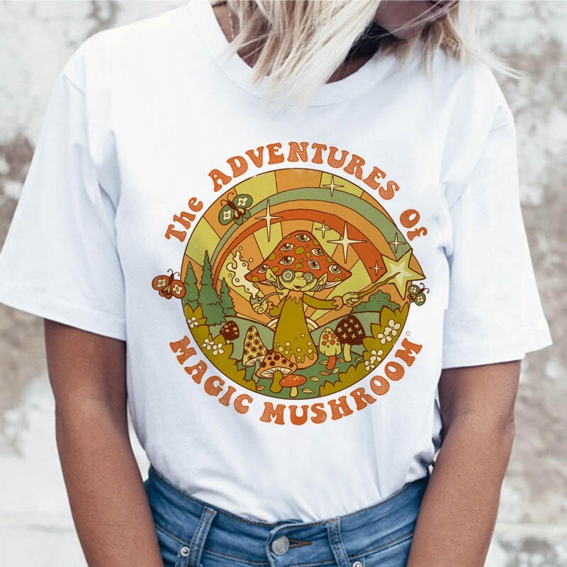 The Adventures of Magic Mushroom Print T-shirt Hippie White