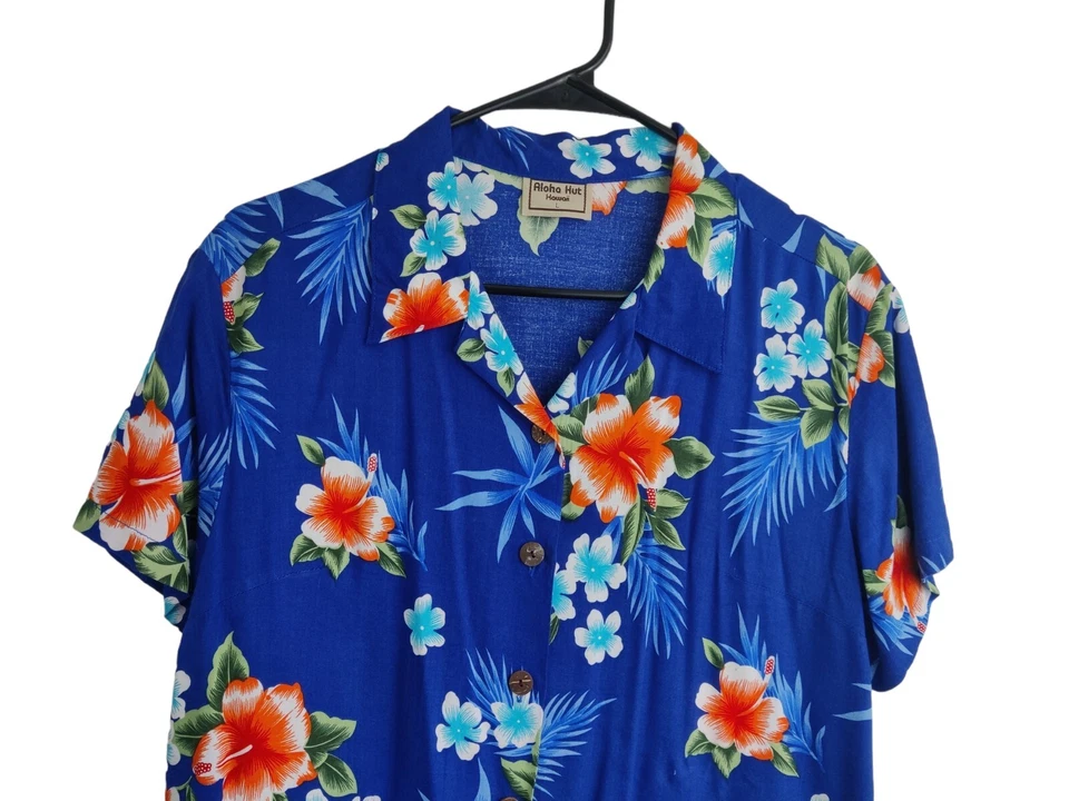 Camisa Hawaiana Aloha Hut Mujer Rayón Hibisco Flores Abotonada Azul Talla L Foto 2 de 4