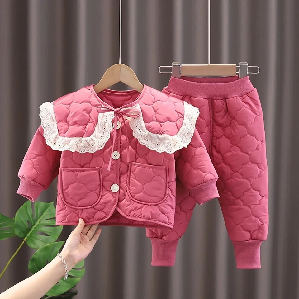 Conjuntos de ropa de algodón para niñas de 2-6 años invierno desmontable encaje cuello vuelto edredón para niños Foto 3 de 4
