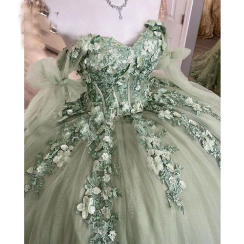 Salbeigrün Quinceanera Kleider süß 15 16 schulterfrei 3D Blumenballkleider - Bild 4 von 11