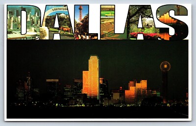 Postcard TX Dallas Multiple Views Night Scene Skyline Dazzling Lights Tower F9