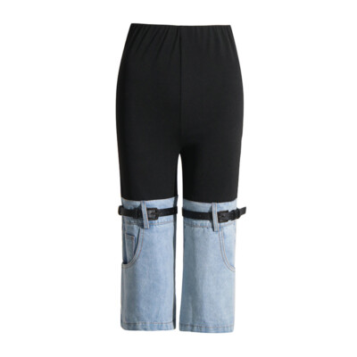 Damen Capri Hose Hose Denim Splice Straight Multi Pocket mit Gürtel Sommer Slim