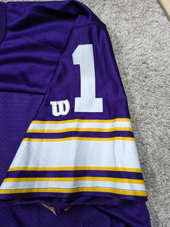 Camiseta masculina vintage feita nos EUA Team NFL Wilson G grande roxa futebol Vikings - Imagem 4 de 4