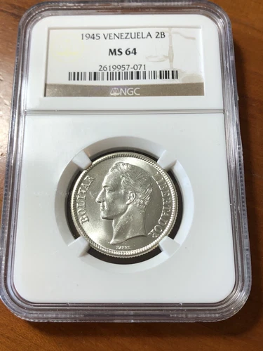 Venezuela 1945 Silver 2 Bolivares - NGC MS64