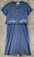 Stonybrook Denim Dress Womens Large Petite Blue Floral Embroidered Vintage Maxi