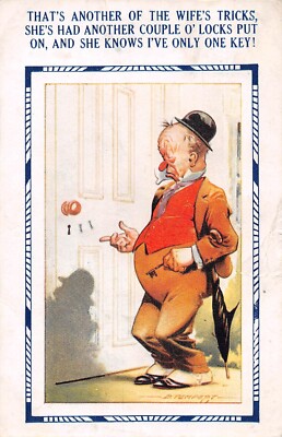 POSTKARTE COMIC BETRUNKENE FRAU TRICKSCHLÖSSER NUR EIN SCHLÜSSEL D STURM