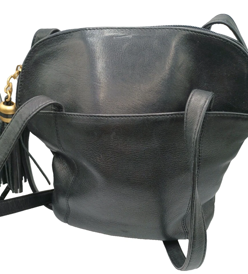 Bolso de Sillín Vintage Tignanello Negro Doble Asa Cuero Borla Cierre de Cremallera Foto 4 de 4