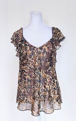 Venezia Jeans Short Sleeve Ruffle Sheer V Neck Top Size 14/16 Cheetah Print