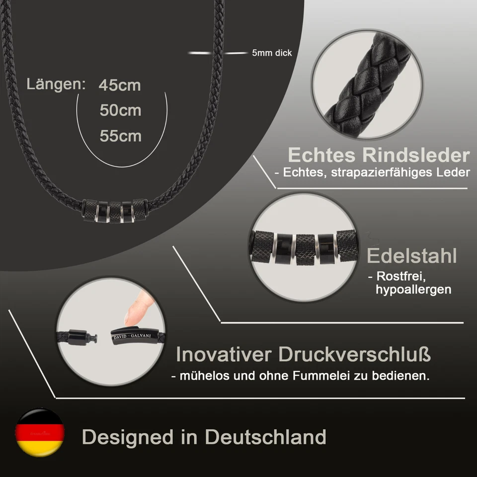 Herren Männer Lederkette mit verschluss Kette geflochten Schwarz Edelstahl Beads - Bild 2 von 4