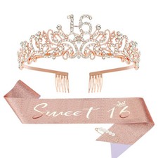Sweet 16 Crown Sash Pearl Pin Set, Birthday Decorations and Gifts for Girls,