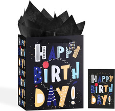 13" Black Happy Birthday Bag with Tissue Paper and Greeting Card for Party,Happy