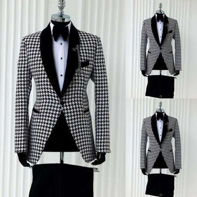 Houndstooth Men's Suits 2Pcs Blazer Vintage Shawl Lapel Tuxedos Prom Party Coat