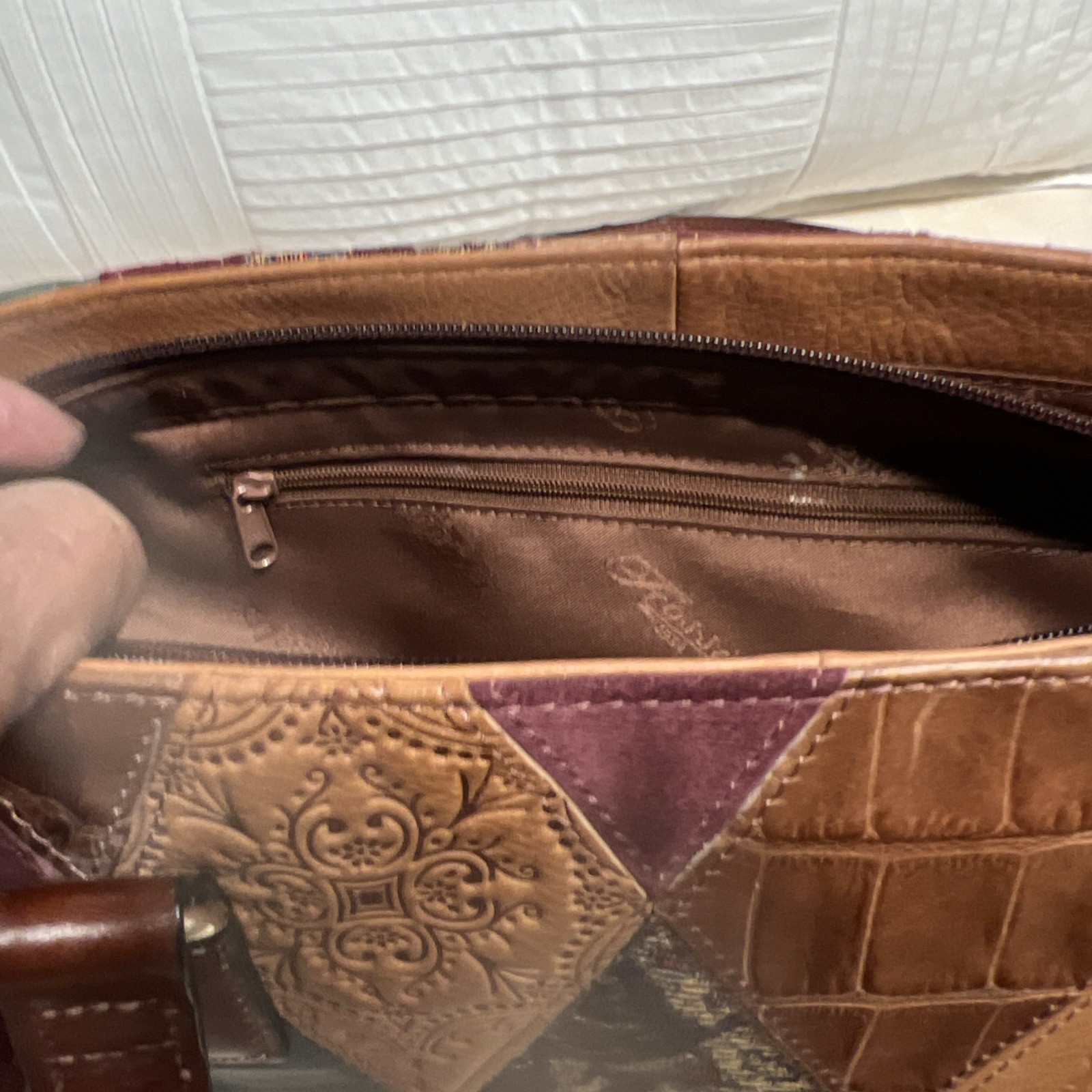 Fossil Diamond Patchwork Tooled Leather ShoulderB… - image 6